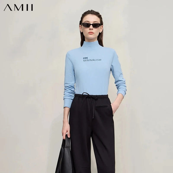 AMII Women's T-shirt 2026 Autumn New Casual Versatile Top Women Turtleneck Letter Embroidery Long Sleeves Ladies Tops 12524058