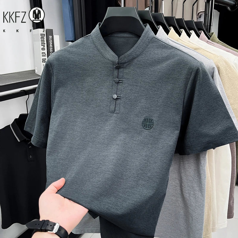Men Mandarin Collar Short Sleeve T Shirt Casual Chinese Style Frog Button Top With Embroidery Breathable Summer Tee