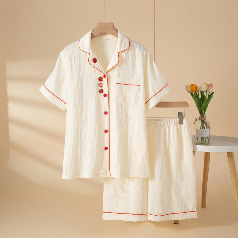 100% Cotton Pajamas for Woman Nightwear Cardigan Lapel Short Sleeve Top Two Piece Loungewear Sleepwear Women's Cotton Pijama