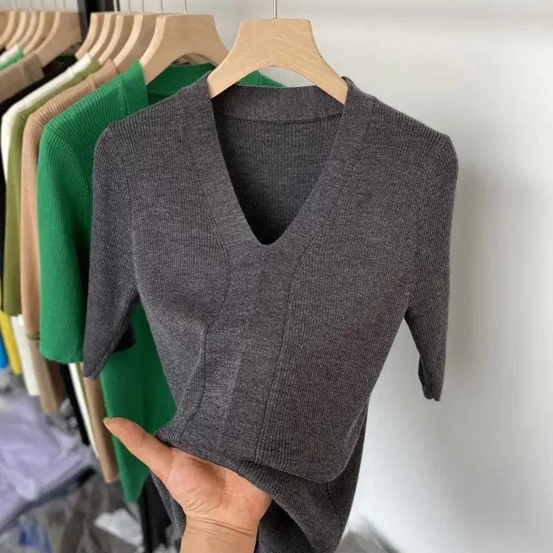 Thin Knit Tops 2026 Bottoming Shirts Women Sweater Short Sleeve V-neck Stripe Knitwears Slim Fit Shirt Korean Summer Pullovers