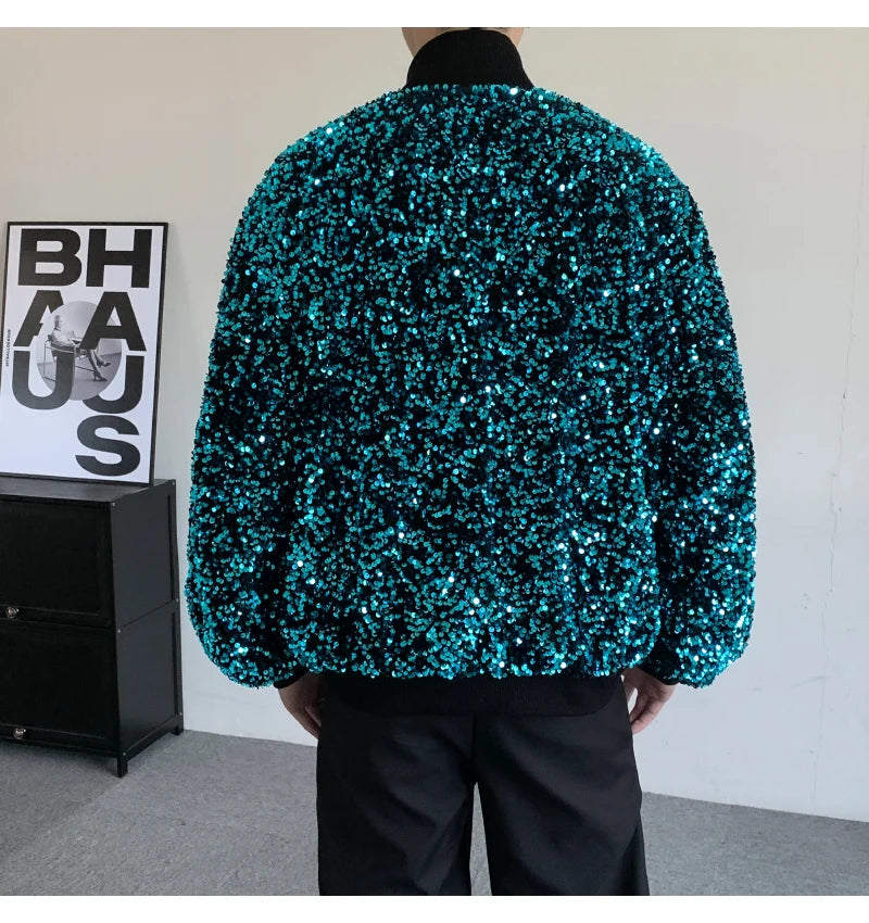 Best Seller: Loose-fitting Men's Long-sleeve Jacket with Blue Circular Sequin Embellishments;Unisex Top for Singers,Dancers, DJs