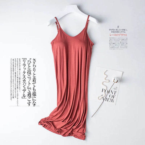 ឈុតគេង Sexy Modal Chest Pad Sleepwear Dress Cup Women's Base Nightdress Pajamas Home Wear Suspender Nightgown Female Sleep Shirt