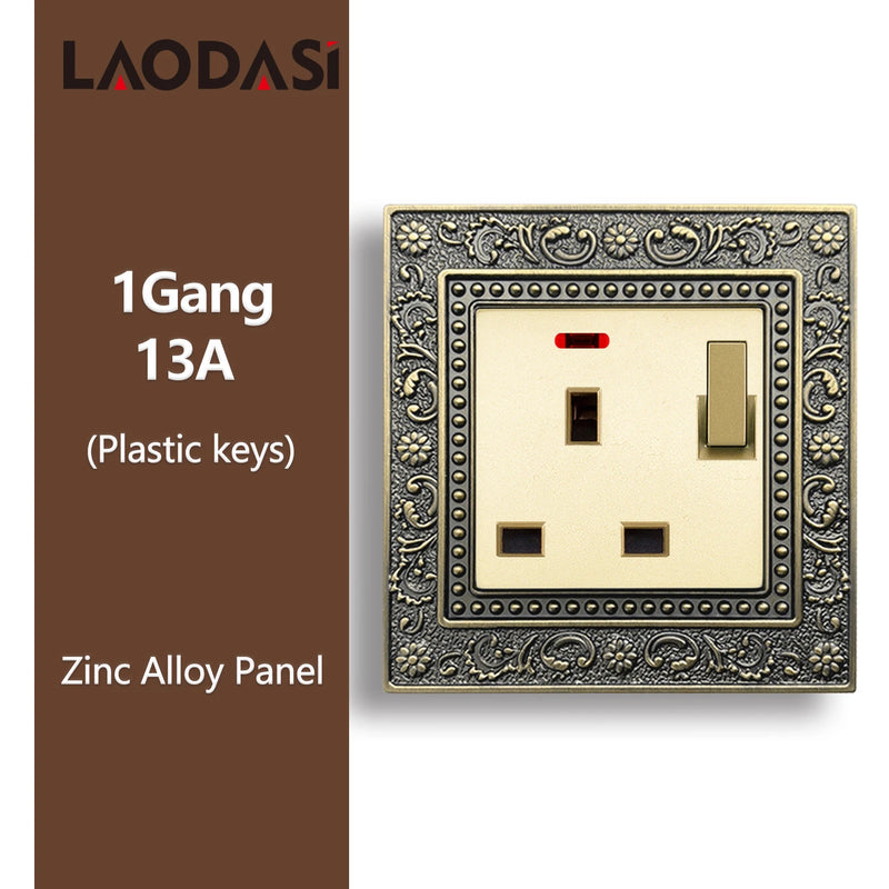 Deopoguye Vintage EU FR UK Light Switch Socket,Europe Standard Metal Zinc Alloy Push 1/2/3Gang Switch Panel for Home Improvement