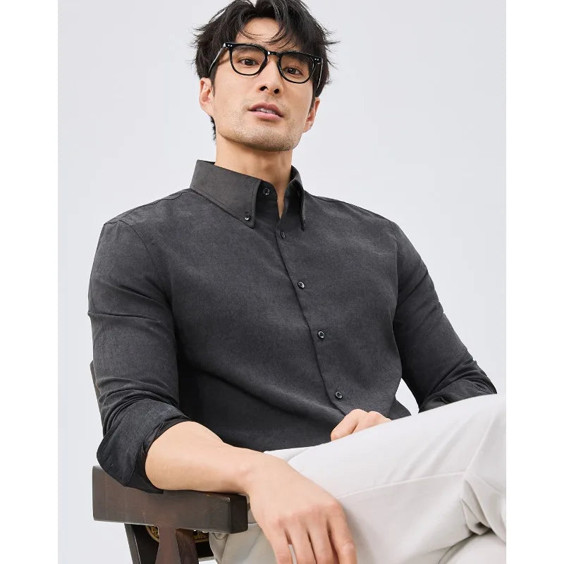 Men's Business Long Sleeve Shirt – Vintage Distressed Linen-Blend with Wide Pointed Collar, Slim Fit for Office & Smart Casual