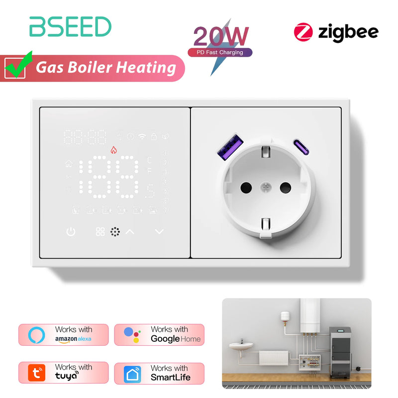 BSEED Zigbee Thermostat Smart Electric Floor Heating Water Boiler With Socket Alexa Google Temperature Controller Plastic Frame
