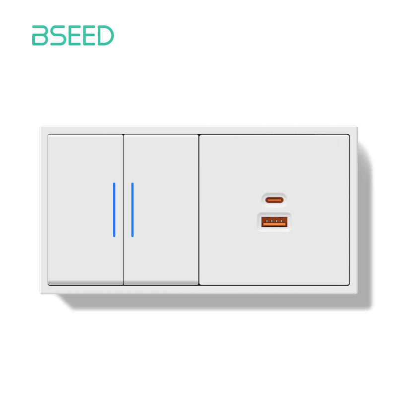BSEED Mechanical Button Light Switch 1/2Gang 1Way With 65W USB Type-C Fast Charge Socket Plastic Frame Switch With LED Indicator