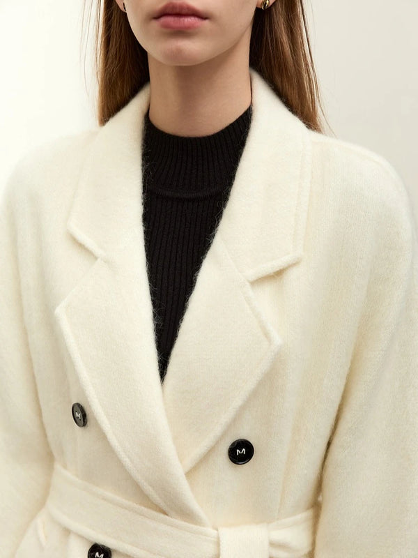 AMII Women's Jacket Coat 2026 Winter New Turn-Down Collar Wool Mohair Double-breasted Woolen Coat Women Belt Long Coat 12344400
