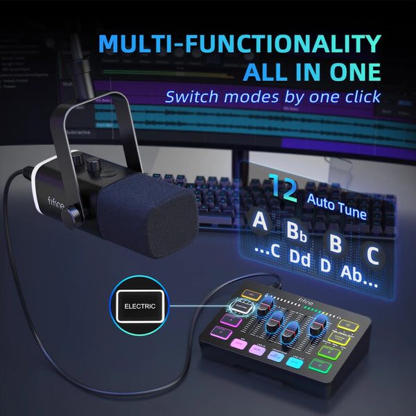 ឈុត FIFINE Podcast All-in-One ជាមួយឧបករណ៍លាយសំឡេង RGB ឈុតស្ទូឌីយោស្ទ្រីមជាមួយមីក្រូហ្វូនថាមវន្តសម្រាប់ការថតហ្គេមកុំព្យូទ័រ - Ampligame KS5