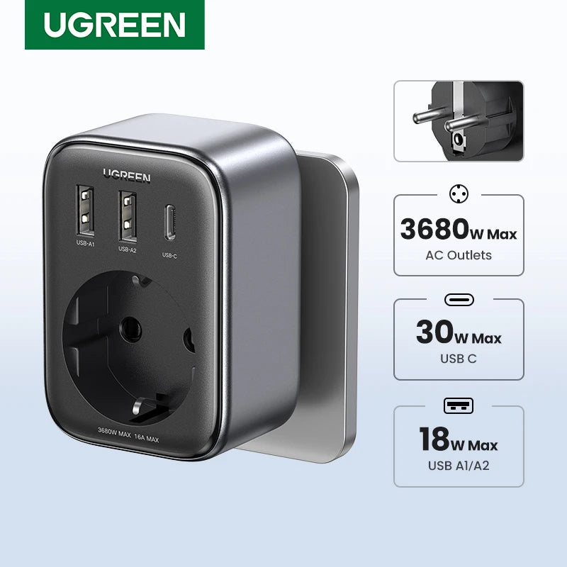 UGREEN 30W GaN PD Charger With AC Outlets Mobile Phone Charger for iPhone 17 16 Xiaomi USB Wall Multi-Socket Power Strip Charger