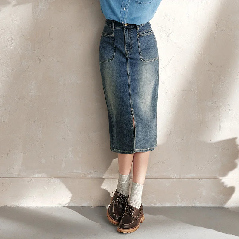 Semir Denim Skirt Women's Split 2024 New Autumn Retro Straight Skirt