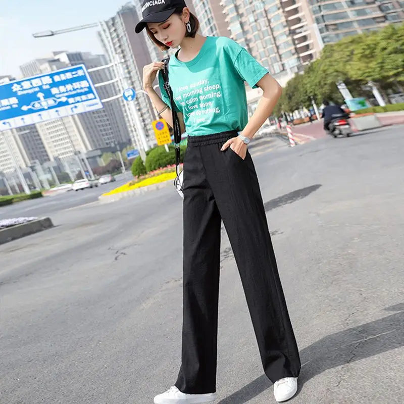 Women's Purple High-Waisted Wide-Leg Pants, Summer Lightweight Trousers, Asian Sizes S-3XL, Available in Beige, Orange, Black.