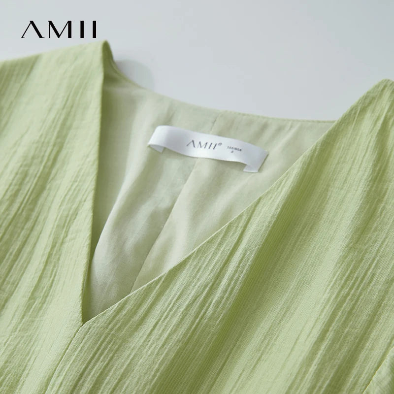 រ៉ូបការិយាល័យ AMII Minimalist សម្រាប់នារីរដូវក្តៅ ឆ្នាំ២០២៥ ដៃអាវរាងចង្កៀង V-neck រ៉ូបប៉ាក់រលុង ម៉ូដសម្រាប់នារី 12522090