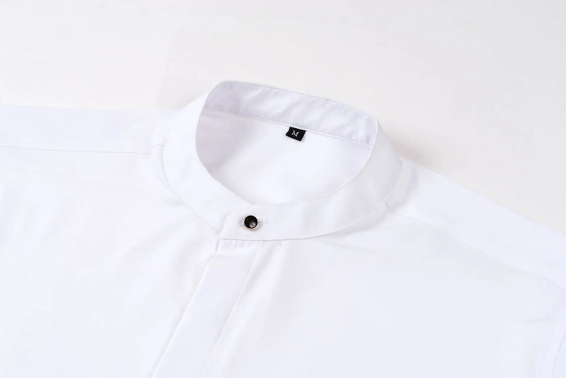 Men's Black Long-sleeve Stand-collar Shirt for Spring and Fall; Blue Single-breasted Stretch Shirts; Red, Yellow, Green, White.