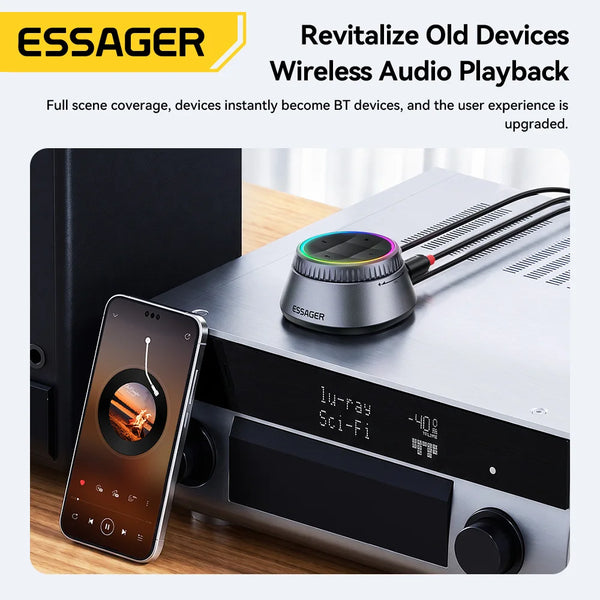 ឧបករណ៍ទទួលសំឡេង Essager Bluetooth 6.0 3.5mm RCA Music Wireless Adapter ជាមួយភ្លើង RGB សម្រាប់ទូរស័ព្ទ NFC Android សម្រាប់ឧបករណ៍បំពងសម្លេងរថយន្ត