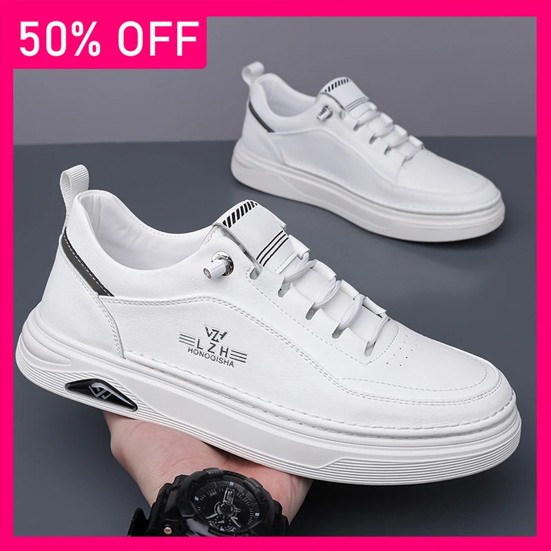 Men Casual Shoes Anti Slip Thick Sole Comfortable Soft Leather Breathable Fashionable Versatile Lace Up Outdoor Walking Shoes