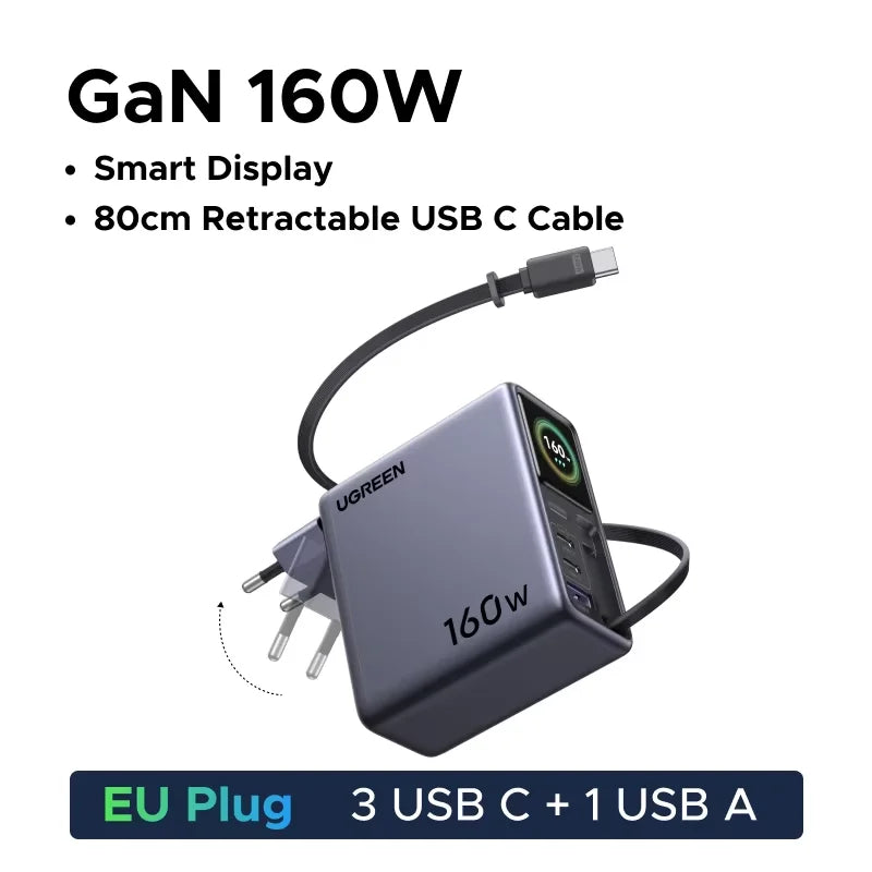 UGREEN 160W Smart Display GaN Charger With Retractable Cable AVS PD 3.1 QC4.0 EU Foldable For MacBook Pro Laptop iPhone Samsung
