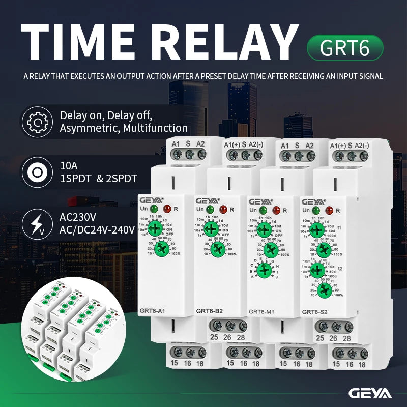 GEYA Delay Time Relay Electronic Type 10A AC230V OR AC/DC24V-240V Time Relay 24V 220V GRT6-A/B