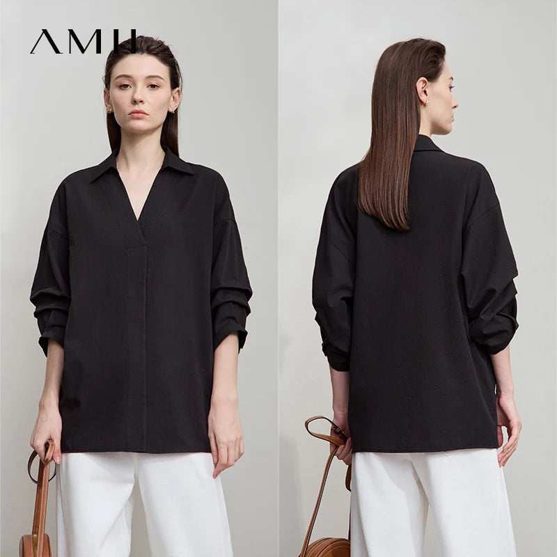 AMII Minimalist Women Loose Shirt 2026 Summer Commuter Light Luxury V-Neck Colla Cotton Top Three-Quarters Sleeve Tops 12512055