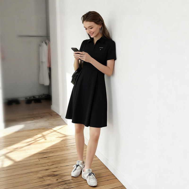 Amii Mini Dress 2026 Summer New Letter Embroidered Polo Collar Fitted Waist Short Sleeve Casual Air Layer Women's Dress 12622153