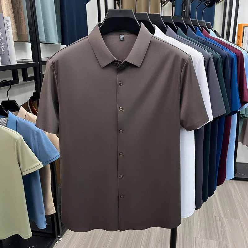 Men Summer Casual Short Sleeve Button Up Shirt Ice Silk Breathable Wrinkle Free Business Formal Shirt