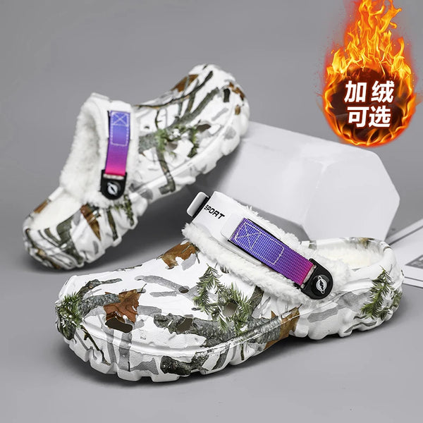 Winter Camo Fleece Lined Clogs Wide Toe Box Lightweight EVA Garden Shoes Adjustable Strap Non-slip Indoor Outdoor Slippers