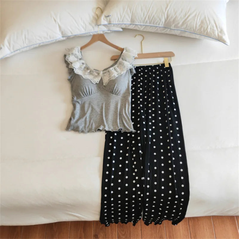 Chest Pads Summer Pajamas Set Soft Sleepwear Lounge Wear Sleeveless 2 Piece Loungewear Suit for Home Wear Pijama Woman Clothes