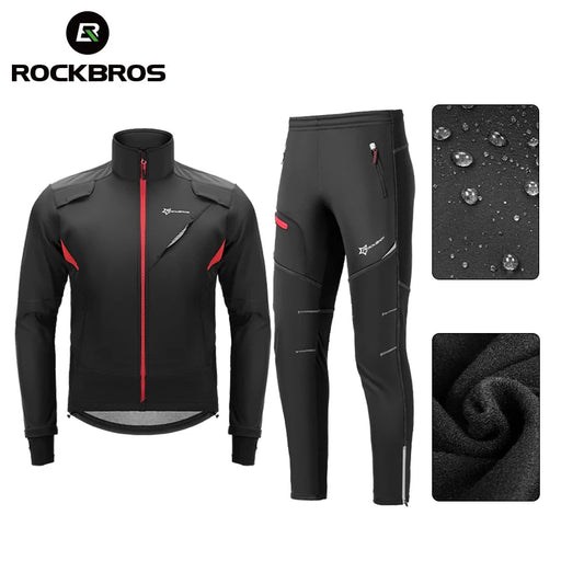 ROCKBROS Cycling Clothing Set Winter Windproof Reflective Cycling Jersey Thermal Fleece Pants Rainproof Set Men Women Sportswear