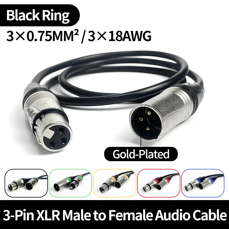 1M/2M/3M/5M/10M Gold-Plated 3-Pin XLR Male to Female Audio Cable - 3X0.75mm² (3X18AWG), Professional Use