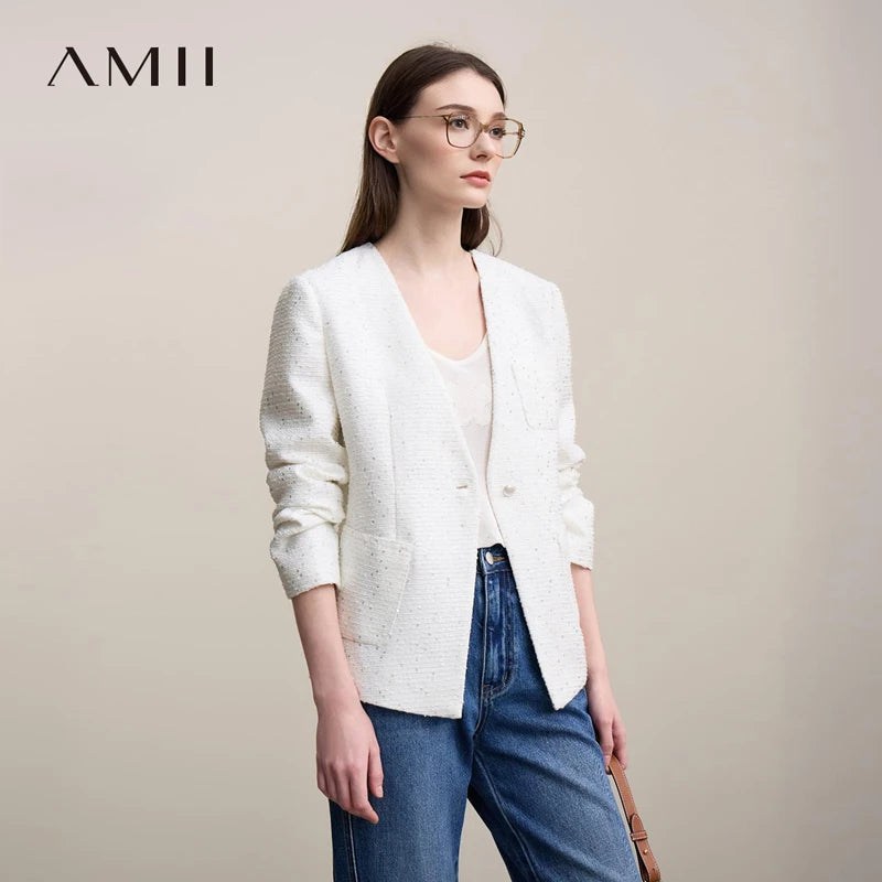 អាវធំ Amii សម្រាប់នារី រដូវស្លឹកឈើជ្រុះ ឆ្នាំ២០២៦ អាវធំថ្មី ឆើតឆាយ ងាយស្រួលប្រើ ភ្លឺរលោង ក V អាវធំដៃវែងសម្រាប់នារី ប៊ូតុងតែមួយ 12641057