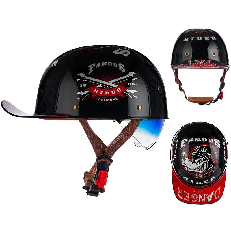 មួកសុវត្ថិភាពម៉ូតូ Street Retro Baseball Cap Moto Helmet ជាមួយកញ្ចក់ពណ៌ខៀវ មួកសុវត្ថិភាពពាក់កណ្តាលបុរសស្ត្រី Capacete De Moto ECE DOT អនុម័ត