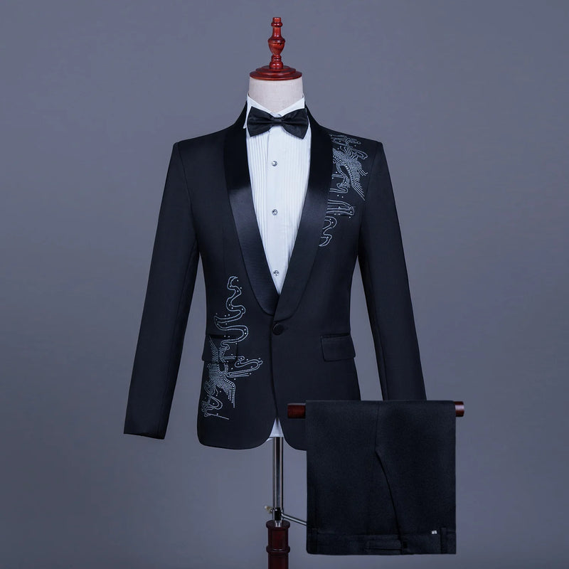 Men's Black Tuxedo Set with Diamond Embellished Jacket and Matching Trousers in White for Choirs/Stage Performances/Weddings