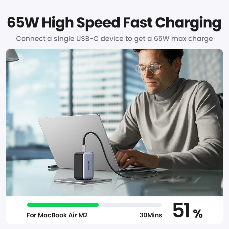 UGREEN 65W GaN Charger Quick Charge 4.0 3.0 USB C Charger for iPhone 17 16 15 Pro Max Laptop Macbook Air Tablet PD Fast Charger