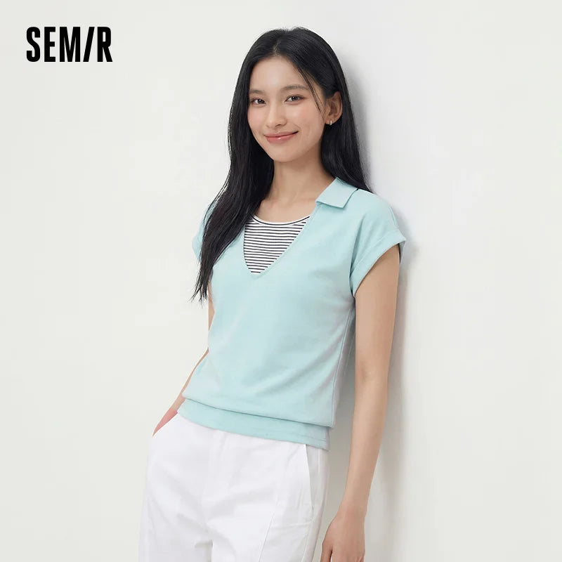 Semir Womens Polo 2026 Short Striped Patchwork Fake Two Piece Ruffle Loose Raglan Sleeve Casual Soft