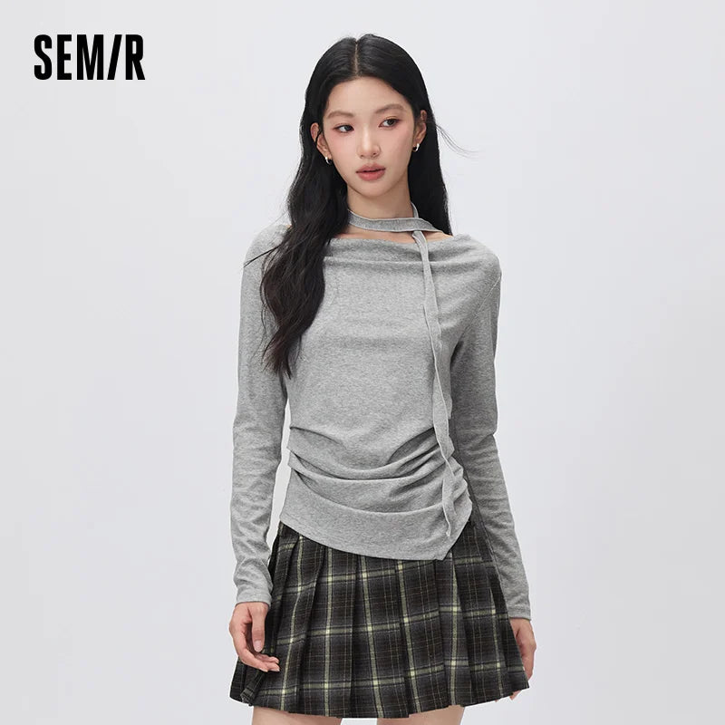 Semir Women Tshirt Long Sleeve Short Cowl Neck Ruched Asymmetric Solid Elegant Casual Autumn Top Daily Wear 2026