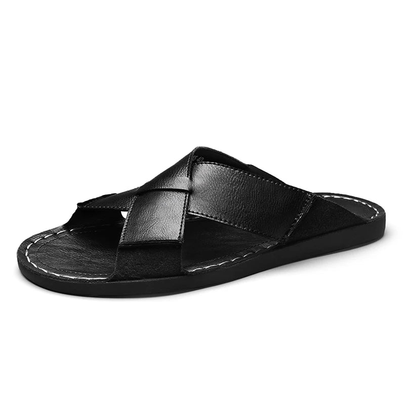 Men Cross Strap Leather Slide Sandals Open Toe Flat Slippers Male Non Slip Rubber Sole Summer Casual Outdoor Beach Shoes Vintage