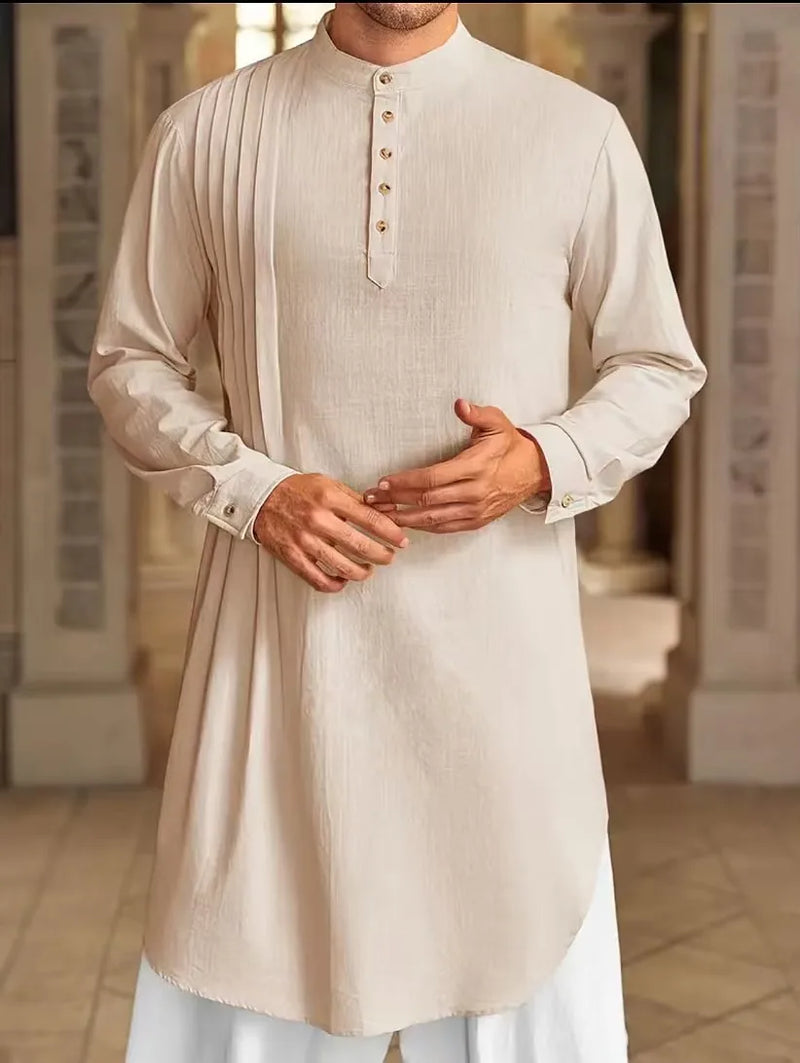 2026 Summer New Style Men's Long Cotton Shirt, Middle Eastern Arab Muslim Robe, Available in White, Black, Blue and Green.