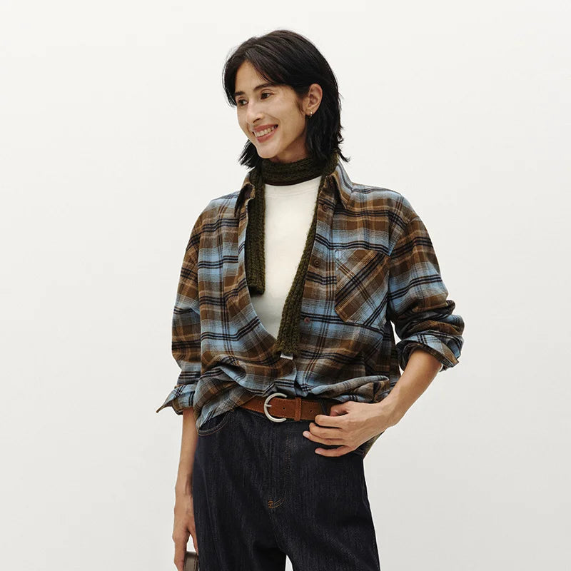 Semir Women Winter Shirt Mid Length Brushed Fabric Cotton Plaid Loose Fit Vintage Style 2026 New Winter Daily Wear