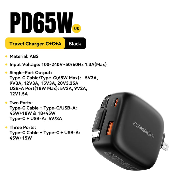 ឆ្នាំងសាក Essager 65W GaN Pro ជាមួយខ្សែប្រភេទ C ដែលអាចដកថយបាន 3 ក្នុង 1 ឆ្នាំងសាកធ្វើដំណើរលឿនសម្រាប់ iPhone 17 16 Pro Samsung Laptop Macbook