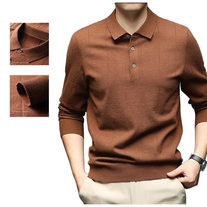 Men's Polo Collar Wool Blend Sweater 340g Thick Anti-Pilling Long Sleeve Knitwear for Spring Autumn