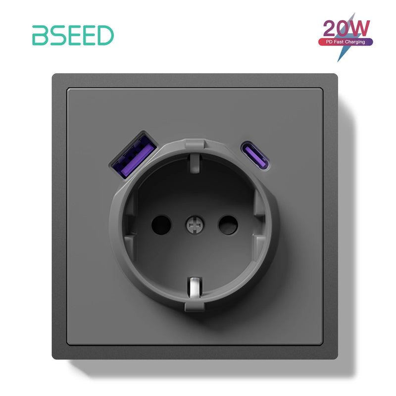 BSEED EU Standard Single Wall Socket 20W Fast Charge USB Type-C Charge Port Double Wall Power Outlets Plastic Frame 16A
