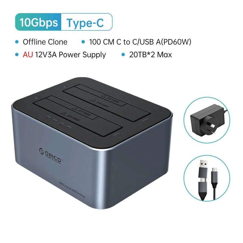 ORICO Aluminum Dual-bay Hard Drive Station Type-C 10Gbps with Offline Clone 2.5/3.5" HDD Case Heat Dissipation Stronger