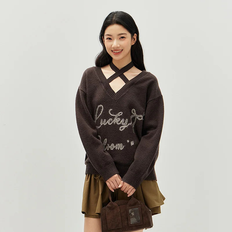Semir Elegant Sweater Knit Women VNeck Halter Loose Fit Embroidered Bow Sweet 2025 Winter Soft Comfortable Stylish Top