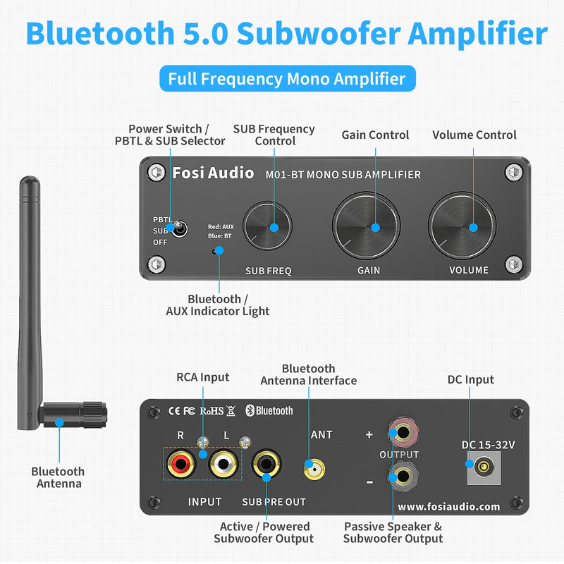ឧបករណ៍បំពងសម្លេងប៊្លូធូស Fosi Audio 300W M01-BT អំភ្លីម៉ូណូមួយឆានែលសម្រាប់ឧបករណ៍បំពងសម្លេងនៅផ្ទះ