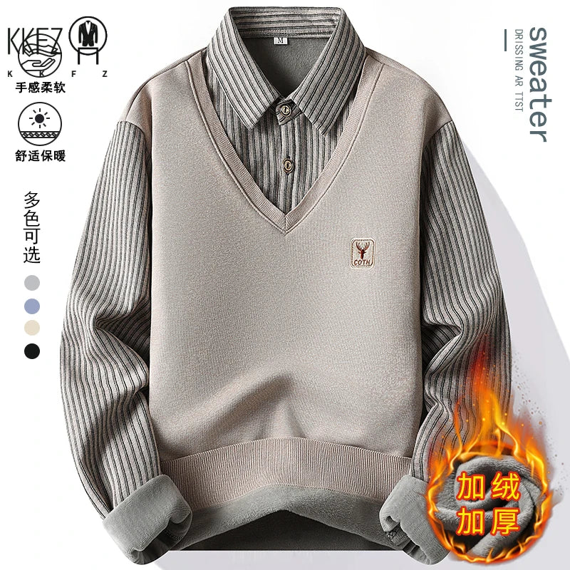 Men Daily Wear Knit Pullover Fake Two Piece Design Striped Long Sleeve Lapel Shirt Style V Neck Knitted Sweater