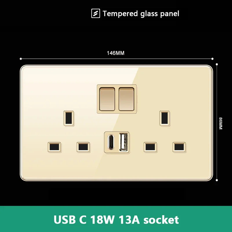 UK 13A Wall Socket with Type-C 18W Fast Charging Plug Socket,Glass Panel Power Double Universal Outlet with Quick USB C charge