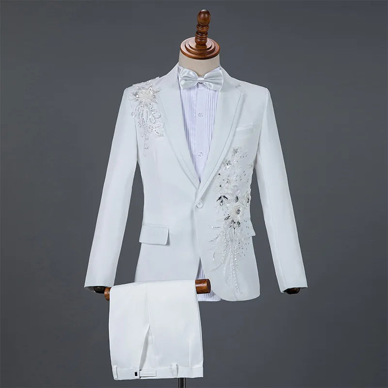 2026 New Men's Red Two-Piece Suit: Embroidered Jacket Paired with Matching Trousers, Perfect for Weddings, Parties, Performances