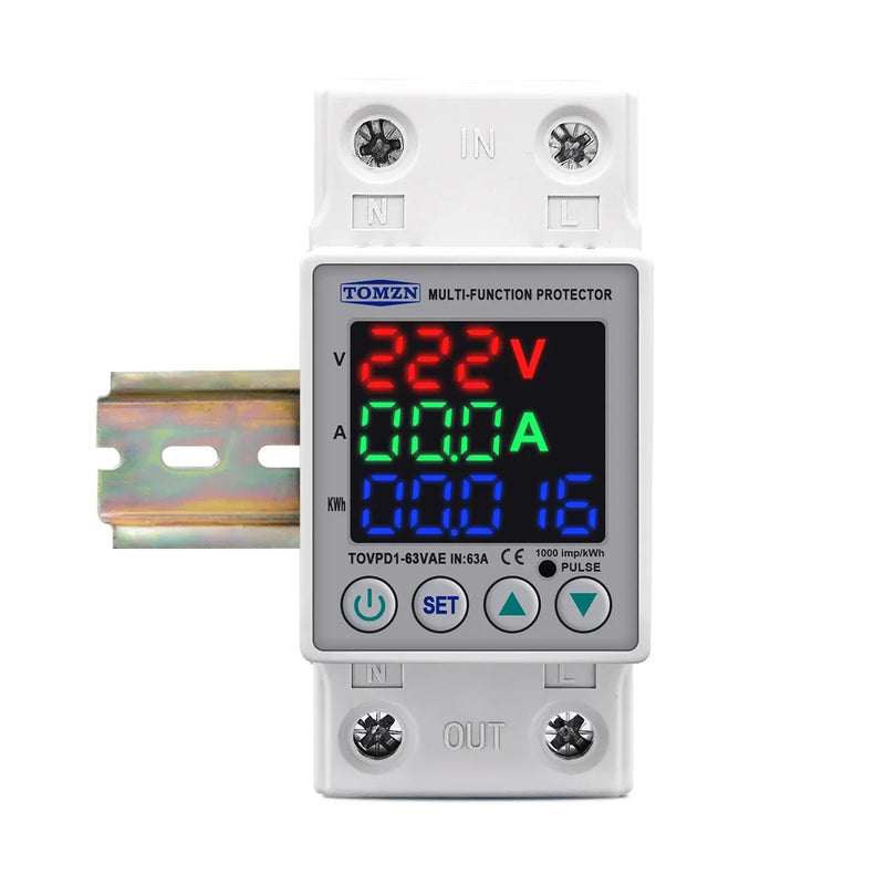 TOMZN 63A 230V DIN Rail Adjustable Over Under Voltage Protective Device Protector Relay with Current Protection Energy Meter