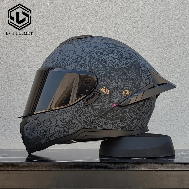 Original LVS Bright Black Helmet Motorcycle Full Face Motorcycle Helmet Riding Big Spoiler Unisex Helmet Casque DOT Approved