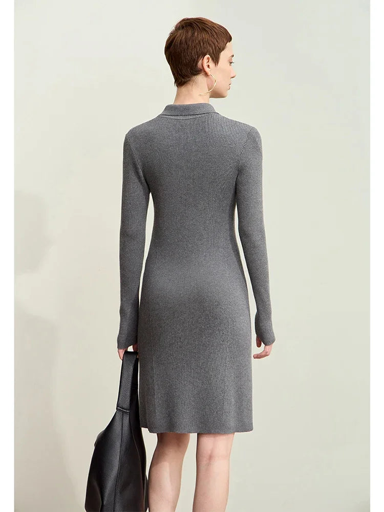Amii Minimalism Dresses For Women 2026 Autumn New Office Lady Lapel Letter Embroidery Slim Casual Solid Midi Knit Dress 12413014