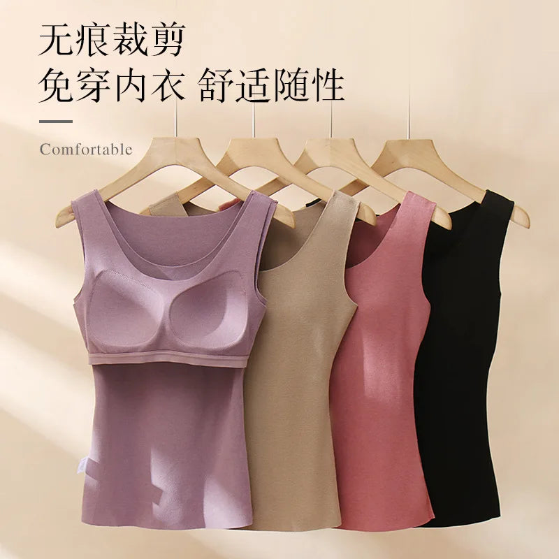 Autumn Winter Women's Chest Pad One Piece Pajamas German Velvet Fleece Thickened Warm Bottom Vest Female Sleepwear Top